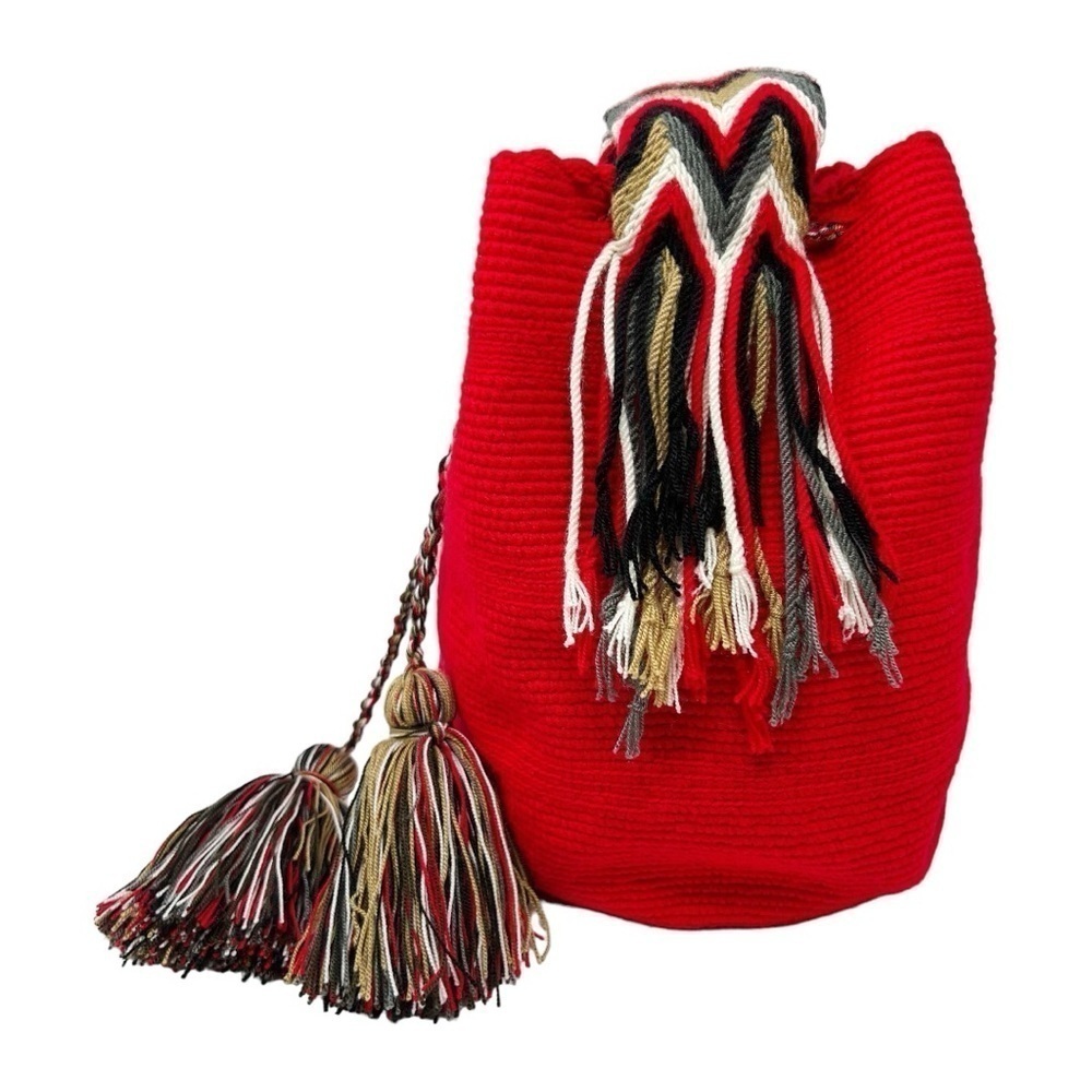Bag Wayuu Mochila Bucket Boho Colombia Rioacha Red White Black Tan Purse - Picture 4 of 8